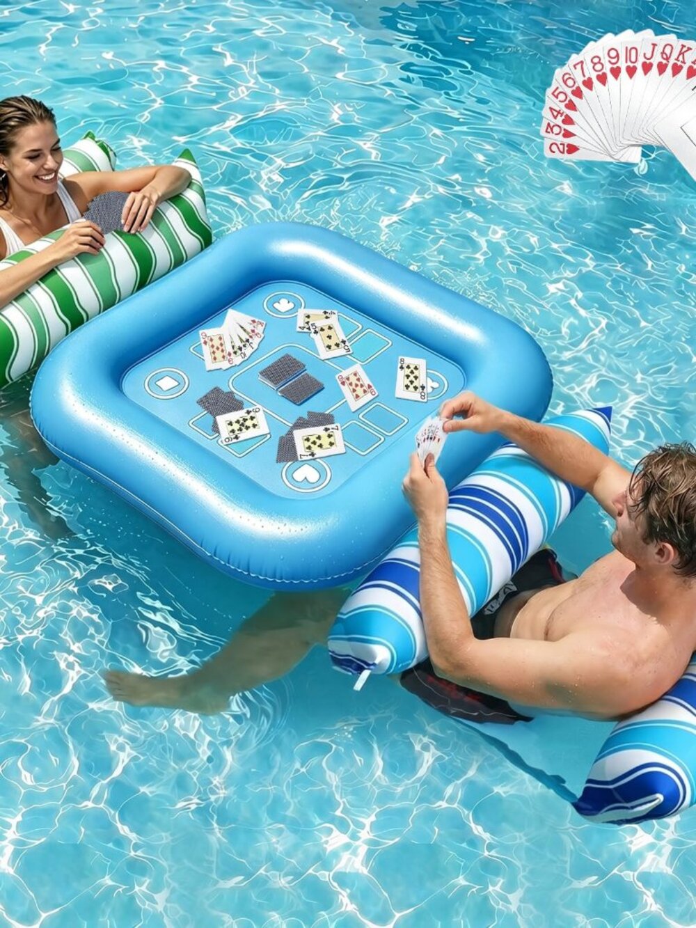 New 2 Pack Fabric Inflatable Pool Floats Water Hammock Chairs w/ Table & Chair